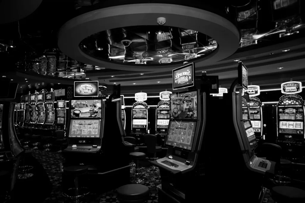 Casino floor lined with slot machines