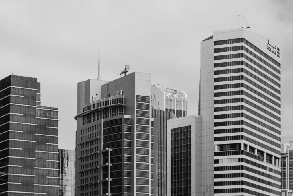 Glass office towers in a business district