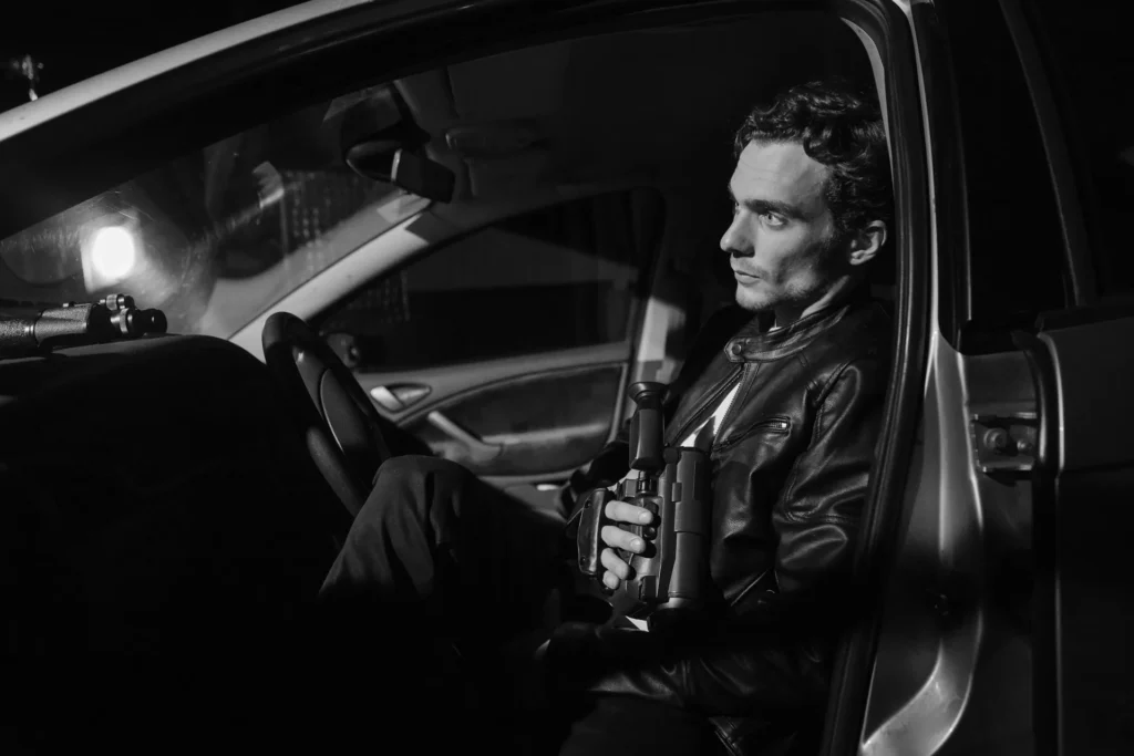 Investigator watching from a parked car at night, holding a camcorder