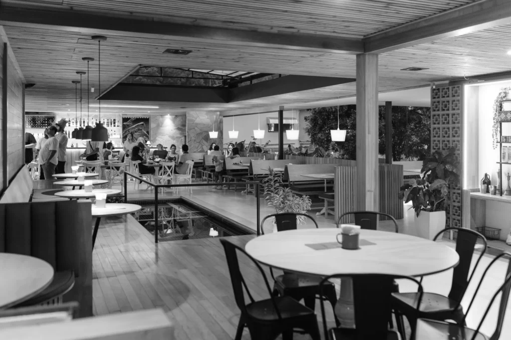 Restaurant dining room with tables and chairs