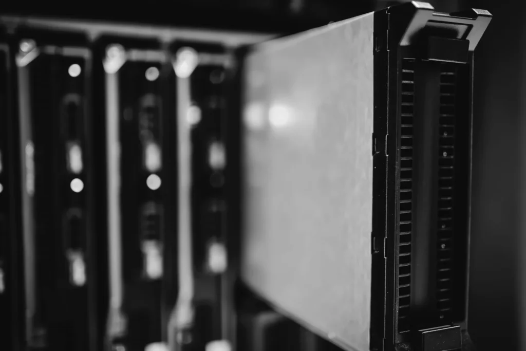 Rows of servers in a data center rack